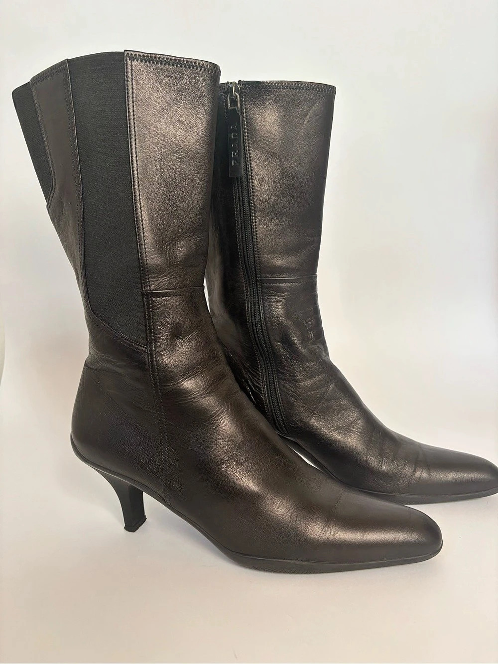Prada Black Leather Mid-Calf Heeled Boots Size 8